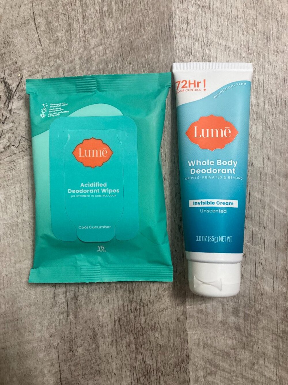 Brand New Lume Unscented Invisible Cream Deodorant and Cool Cucumber Wipes